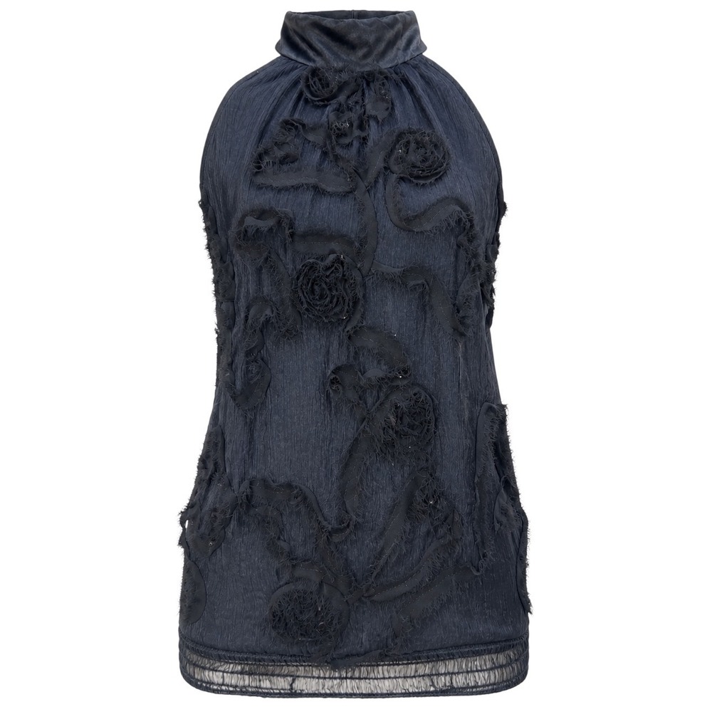 Halter Top S Black Floral Applique Romantic Celestial Whimsigoth Fairy Grunge